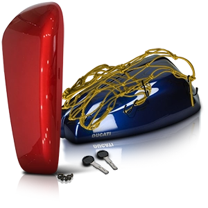 Two boot covers, one red, one blue, plus keys and yellow boot net.